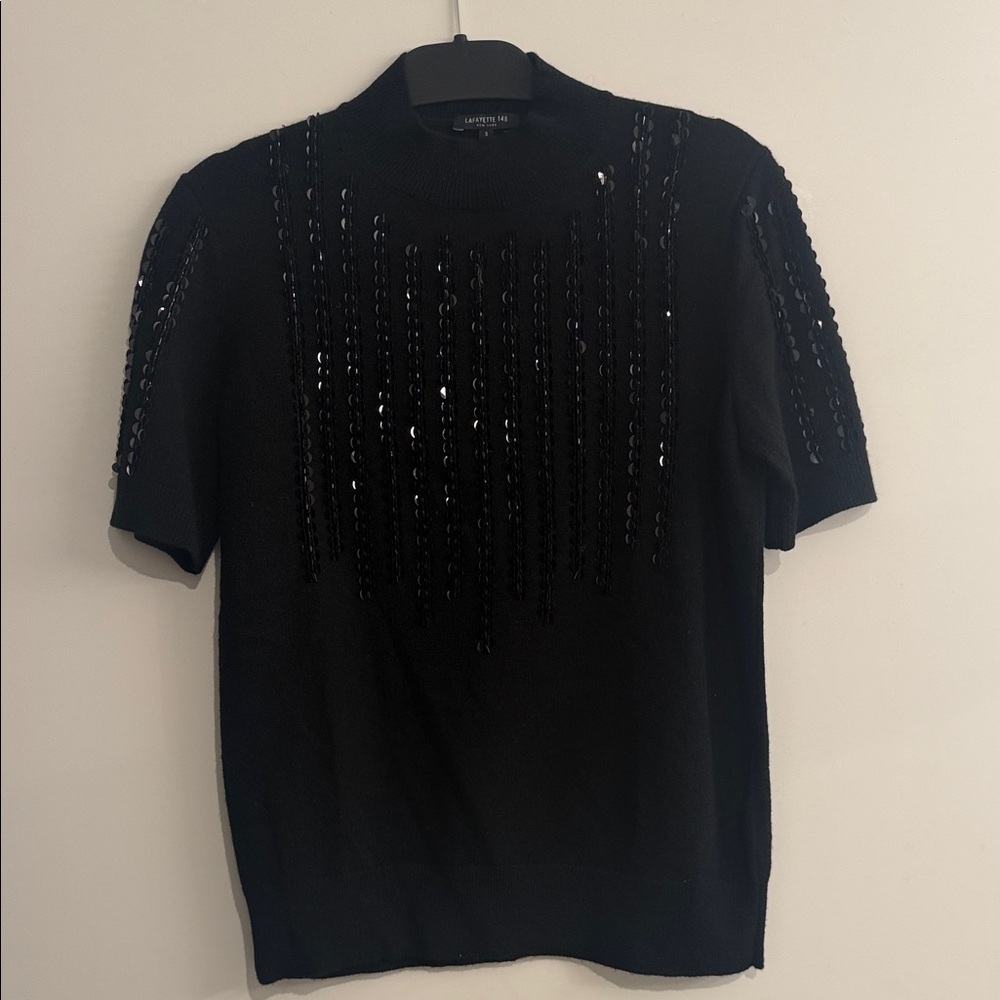 Lafayette 148 New York Black Cashmere Sequin Short Sleeve Knit